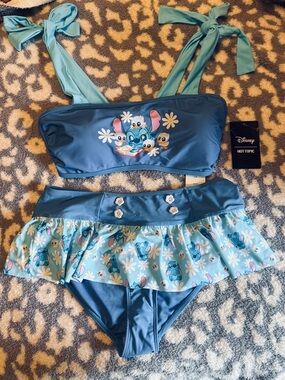 Disney HotTopic Lilo & Stitch Blue Skirt Bikini w/ Daisies and Ducks Size Large